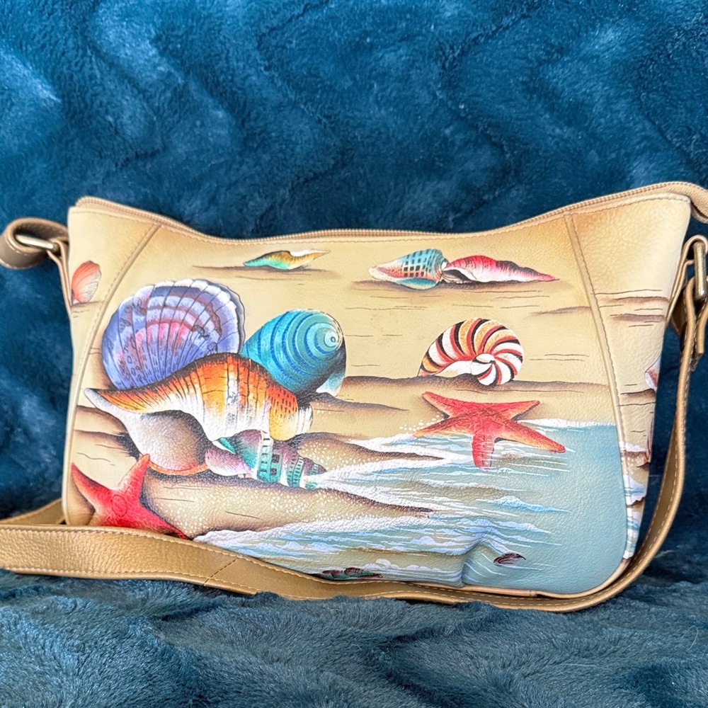 Anuschka Beige Crossbody Bag with Colorful Seashell Design and Matching Wallet - Picture 2 of 9